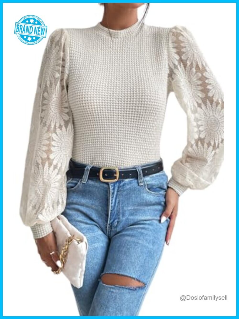 Womens Lace Long Sleeve Waffle Knit Crewneck Pullover Blouse